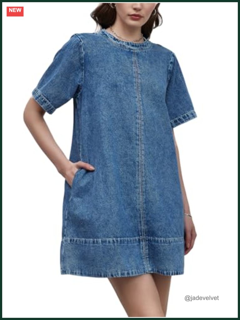 Denim Cotton Blend Mini Dress With Pockets Crewneck Short Sleeve